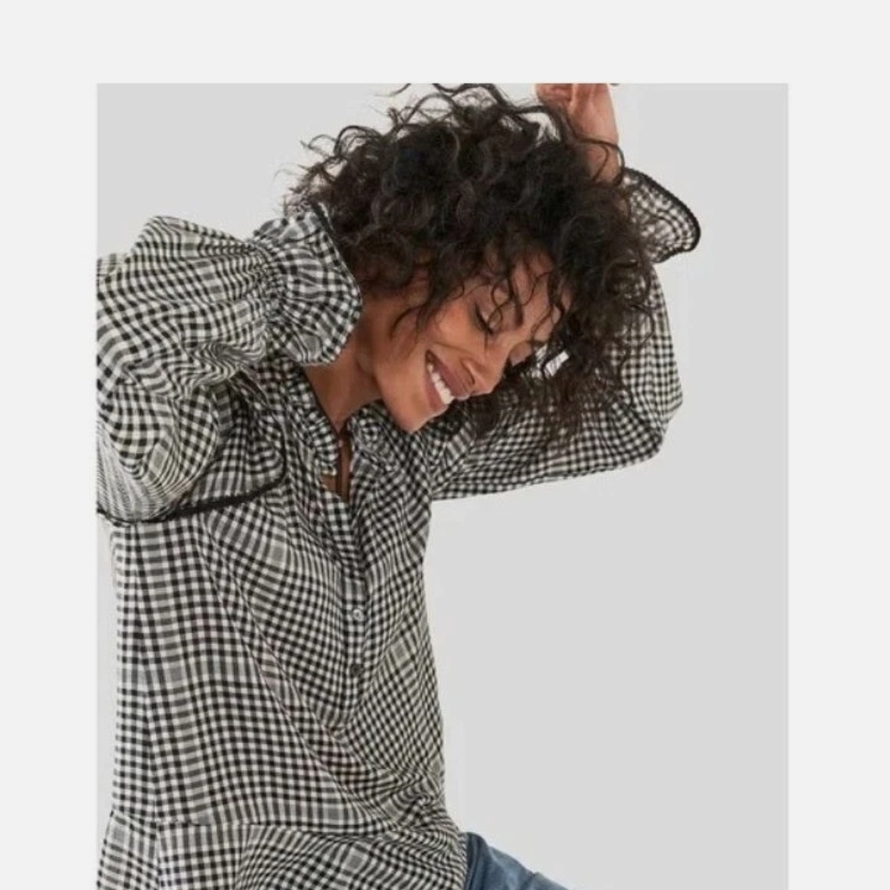 Faherty Women's Black Tan Gingham Long Sleeve Top Sandia Ruffle XS Cottagecore
